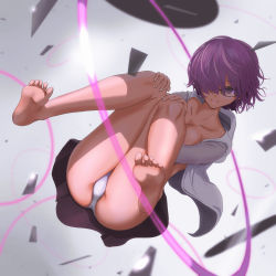 Rule 34 | 1girl, ass, bare legs, barefoot, black-framed eyewear, black skirt, commentary request, fate/grand order, fate (series), feet, glasses, hair over one eye, hands on own knees, highres, hood, hoodie, knees together feet apart, looking at viewer, mash kyrielight, open clothes, open hoodie, pandarou, panties, pantyshot, purple eyes, purple hair, short hair, simple background, skirt, smile, soles, solo, toes, underwear, white panties