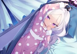 Rule 34 | 1girl, arm up, bed, blue archive, collared dress, commentary request, curtains, dress, grey hair, halo, hina (blue archive), hina (pajamas) (blue archive), horns, kokone (coconeeeco), long hair, long sleeves, lying, night, night sky, on bed, on side, open window, parted bangs, pillow, pink dress, purple eyes, sky, sleeves past wrists, solo, star (sky), starry sky, very long hair, window