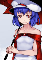 Rule 34 | 1girl, aoshima, bare shoulders, blue hair, breasts, brooch, cape, collarbone, dress, hat, holding, holding umbrella, jewelry, lips, looking at viewer, no wings, off-shoulder dress, off shoulder, red eyes, remilia scarlet, short hair, small breasts, solo, touhou, umbrella, upper body, vampire, white dress, white hat