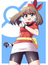 Rule 34 | 1girl, :d, bandana, bike shorts, blue background, blue eyes, border, breasts, brown hair, collared shirt, commentary request, creatures (company), eyelashes, fanny pack, game freak, gloves, hand up, highres, holding, holding poke ball, looking at viewer, may (pokemon), nintendo, open mouth, outside border, poke ball, poke ball (basic), poke ball symbol, pokemon, pokemon rse, red bandana, red shirt, sabfish1229, shirt, short sleeves, skirt, smile, solo, white border, white skirt, yellow bag