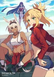 Rule 34 | 3girls, animal ears, artist name, bare shoulders, blonde hair, blue eyes, blunt bangs, blunt ends, breasts, caenis (fate), cloud, collarbone, commentary request, cowboy shot, dark-skinned female, dark skin, day, denim, denim shorts, fate/grand order, fate (series), full body, green eyes, hair between eyes, hands on own hips, highres, jewelry, long hair, long sleeves, looking at viewer, martha (fate), medium breasts, meiji ken, midriff, mordred (fate), mordred (fate/apocrypha), mordred (memories at trifas) (fate), multiple girls, navel, necklace, outdoors, ponytail, short hair, shorts, sitting, sitting on stairs, sky, sleeveless, small breasts, stairs, stomach, tattoo, teeth, very long hair, watermark, white hair