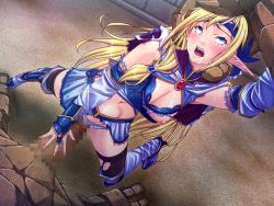 Rule 34 | 1boy, 1girl, blonde hair, blue eyes, breasts, bubuzuke, censored, crying, crying with eyes open, defeat, drooling, ferrill, game cg, headband, hekigan no soukishi ferrill to ririka, hetero, long hair, midriff, navel, nipples, open mouth, pointy ears, saliva, stomach bulge, sweat, tears, thighhighs, torn clothes, torn legwear