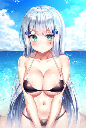 Rule 34 | 1girl, bad id, bad pixiv id, bare arms, bare shoulders, beach, bikini, black bikini, blue sky, blush, breasts, cleavage, closed mouth, cloud, cloudy sky, collarbone, cowboy shot, cross hair ornament, day, facial mark, frown, girls&#039; frontline, green eyes, hair ornament, halterneck, halterneck, hinaki (hinaki 0102), hk416 (girls&#039; frontline), horizon, large breasts, lens flare, long hair, looking at viewer, navel, ocean, outdoors, revision, silver hair, sky, solo, stomach, sunlight, swimsuit, v-shaped eyebrows, v arms, very long hair, water