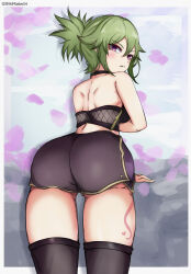 Rule 34 | 1girl, absurdres, annoyed, ass, ass focus, bare shoulders, blush, booty shorts, breasts, from behind, frown, genshin impact, green hair, highres, huge ass, kuki shinobu, leaning, leaning forward, long hair, looking at viewer, looking back, medium breasts, ponytail, purple eyes, shiki master78, short shorts, shorts, sideboob, solo, tattoo, thick thighs, thighhighs, thighs
