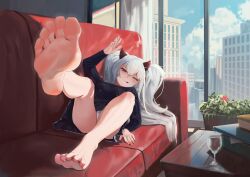 Rule 34 | 1girl, absurdres, barefoot, bombergirl, couch, feet, grim aloe, highres, licking lips, long hair, looking at viewer, one eye closed, panties, pantyshot, red eyes, soles, toes, tongue, tongue out, twintails, underwear, white hair
