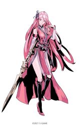 Rule 34 | 1girl, artist request, character request, detached collar, detached sleeves, dress, expressionless, full body, hair ornament, high heels, long hair, official art, phantom blade (game), pink dress, pink eyes, pink hair, sash, second-party source, solo, sprite art, thighhighs, weapon, white background