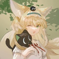 Rule 34 | 1girl, ;d, animal, animal ear fluff, animal ears, animal on shoulder, arknights, black cat, blonde hair, blue hairband, cat, commentary request, fox ears, fox girl, fox tail, frilled hairband, frills, green eyes, hair between eyes, hairband, hand up, long hair, long sleeves, luo xiaohei zhanji, neck ribbon, one eye closed, open mouth, red ribbon, ribbon, shirt, smile, solo, suzuran (arknights), suzuran (spring praise) (arknights), tail, upper body, white shirt, xiaotongxuto