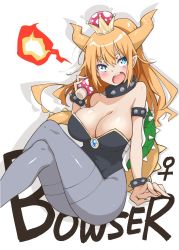 Rule 34 | 1girl, bare shoulders, black leotard, blonde hair, blue eyes, blush, bowsette, bracelet, breasts, bright pupils, character name, cleavage, collar, commentary, crossed legs, crown, drop shadow, grey pantyhose, hair between eyes, hayashi (l8poushou), holding, jewelry, large breasts, leotard, lizard tail, long hair, looking at viewer, mario (series), mushroom, new super mario bros. u deluxe, nintendo, open mouth, pantyhose, ponytail, sharp teeth, sitting, solo, spiked bracelet, spiked collar, spiked shell, spiked tail, spikes, super crown, tail, teeth, turtle shell, venus symbol, white background