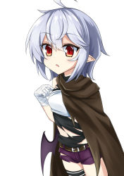 Rule 34 | 1girl, akisome hatsuka, alternate costume, bandaged hand, bat wings, belt, brown cape, cape, gradient eyes, hair between eyes, legband, multicolored eyes, open mouth, pointing, pointing at self, pointy ears, purple shorts, red eyes, remilia scarlet, short shorts, shorts, silver hair, simple background, strapless, torn clothes, touhou, tube top, upper body, white background, white tube top, wings