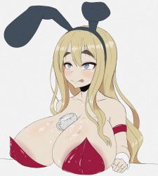 Rule 34 | 1girl, animal ears, armlet, between breasts, blonde hair, blue eyes, blush, breast rest, breasts, cleavage, collarbone, covered erect nipples, cum, cum in container, cum in cup, cum on body, cum on breasts, cum on upper body, cup, fake animal ears, hairband, heart, heart-shaped pupils, highres, huge breasts, k-on!, kotobuki tsumugi, leotard, licking lips, long hair, naughty face, playboy bunny, rabbit ears, smile, solo, stray pubic hair, symbol-shaped pupils, teacup, thick thighs, thighs, tongue, tongue out, upper body, white background, wrist cuffs, young savage