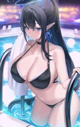 Rule 34 | 1girl, bare arms, bare legs, bare shoulders, bikini, black bikini, black choker, black hair, blue archive, blue eyes, blue hair, blue halo, blush, breasts, choker, cleavage, collarbone, colored inner hair, cowboy shot, earrings, giga-tera, halo, highres, jewelry, large breasts, long hair, looking at viewer, mole, multicolored hair, navel, no eyewear, o-ring, open mouth, outdoors, partially submerged, pointy ears, ponytail, pool, poolside, rin (blue archive), solo, string bikini, swimsuit, towel, very long hair, wading, water, wet, white towel