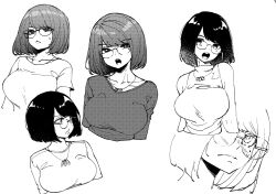 Rule 34 | bare shoulders, black hair, bob cut, breasts, bright pupils, character sheet, collarbone, contrapposto, desyana laurentia, dress, furrowed brow, glasses, greyscale, head tilt, highres, jewelry, large breasts, looking at viewer, looking away, looking to the side, medium hair, monochrome, multiple views, necklace, norman maggot, open mouth, original, sideways glance, sleeveless, sweater, swept bangs, turtleneck, unamused, upper body