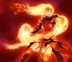Rule 34 | 1girl, armor, breastplate, chandra nalaar, fiery hair, fire, goggles, goggles on head, long hair, magic: the gathering, pauldrons, pyrokinesis, red theme, shoulder armor, solo, standing, thighhighs, un (le monde-alternatif), yellow eyes