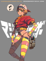 Rule 34 | 1girl, backwards hat, bad id, bad pixiv id, baseball cap, bikini, boss borot, bridal gauntlets, copyright name, epic, gloves, grey background, hand on own hip, hand on own thigh, hand on thigh, hat, looking at viewer, mazinger (series), mazinger z, mazingkaizer, mazinkaiser, mecha musume, multicolored clothes, multicolored legwear, musical note, navel, personification, pink thighhighs, red bikini, ringed eyes, screwdriver, short hair, simple background, smile, solo, spoken musical note, striped clothes, striped gloves, striped thighhighs, swimsuit, thighhighs, thong bikini, toei animation, tools, wrench, yellow eyes, yellow thighhighs