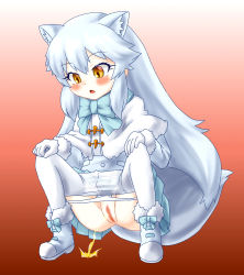 Rule 34 | 1girl, animal ears, arctic fox (kemono friends), blush, censored, fox ears, fox girl, fox tail, hands on own knees, highres, kemono friends, panties, panty pull, peeing, pussy, simple background, solo, squatting, tail, thighhighs, tokonoma (artist), underwear, white hair, white thighhighs, yellow eyes