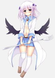 Rule 34 | 1girl, black wings, blue eyes, blush, breasts, coat, fork, hair ribbon, half-closed eyes, highres, kusano (torisukerabasu), long sleeves, midriff, navel, no bra, no shirt, open clothes, open coat, original, oversized object, ribbon, silver hair, skirt, small breasts, solo, two side up, wings