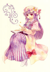 Rule 34 | 1girl, book, bow, crescent, hair bow, hat, hat bow, long hair, painting (medium), patchouli knowledge, purple eyes, purple hair, shiroma (mamiko), solo, touhou, traditional media, watercolor (medium)