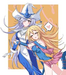 Rule 34 | 2girls, absurdres, bare shoulders, blonde hair, blue footwear, blush, boots, breasts, couple, dark magician girl, dress, duel monster, gloves, grey hair, hair between eyes, hat, highres, hip vent, holding, large breasts, long hair, looking at viewer, multiple girls, open mouth, rabbit4037, red eyes, silent magician, smile, surcoat, white gloves, white hair, witch hat, wizard hat, yu-gi-oh!, yuri