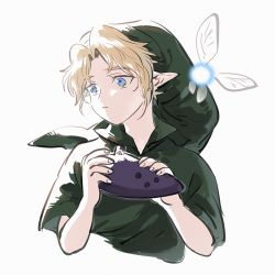 Rule 34 | 1boy, bad id, bad pixiv id, blonde hair, blue eyes, commentary request, cropped torso, fairy, green headwear, green tunic, hands up, holding, holding instrument, instrument, kmkr, link, looking to the side, navi, nintendo, ocarina, parted lips, phrygian cap, pointy ears, short sleeves, simple background, the legend of zelda, the legend of zelda: ocarina of time, triforce, tunic, upper body, white background, young link