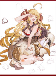Rule 34 | 10s, 1girl, ahoge, anila (granblue fantasy), animal, black skirt, blonde hair, blush, breasts, cleavage, draph, female focus, granblue fantasy, horns, large breasts, long hair, miniskirt, nose bubble, open mouth, pleated skirt, sheep, sheep horns, skirt, so-bin, solo, thighhighs, very long hair, white thighhighs, yawning, yellow eyes, zettai ryouiki
