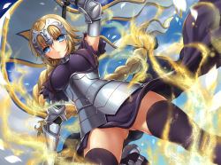 Rule 34 | 1girl, armor, black gloves, black thighhighs, blonde hair, blue eyes, blue sky, blush, braid, breasts, chain, cloud, cloudy sky, day, dutch angle, elbow gloves, fate/apocrypha, fate (series), faulds, flag, from below, gauntlets, gloves, gluteal fold, headpiece, holding, holding flag, impossible clothes, jeanne d&#039;arc (fate), jeanne d&#039;arc (ruler) (fate), knee up, large breasts, long hair, looking at viewer, mashuu (neko no oyashiro), no panties, outdoors, parted lips, partially submerged, single braid, sky, solo, teeth, thighhighs, thighs, very long hair, wind, wind lift