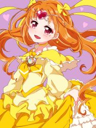 Rule 34 | 10s, 1girl, bad id, bad pixiv id, bow, brooch, choker, circlet, cure muse, cure muse (yellow), earrings, frills, hair bow, heart, jewelry, long hair, looking at viewer, magical girl, orange hair, precure, purin (purin0), purple background, red eyes, shirabe ako, skirt, smile, solo, suite precure, yellow bow, yellow skirt