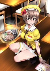 Rule 34 | 10s, 1girl, alternate costume, apron, bow, bridal garter, broccoli, brown eyes, brown hair, coco&#039;s, diner, food, frilled skirt, frills, girls und panzer, hat, hat bow, highres, looking at viewer, meat, miniskirt, nakahira guy, name tag, nishizumi maho, puffy short sleeves, puffy sleeves, reflection, short hair, short sleeves, skirt, solo, squatting, steak, steam, thighs, tray, uniform, waitress, wooden floor, yellow hat