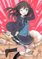Rule 34 | 1girl, :p, black hair, black skirt, blue eyes, butter, cardigan, commentary request, food, fork, hand on own head, heart, highres, loafers, long hair, long sleeves, one eye closed, open mouth, original, pancake, revision, school uniform, shoes, skirt, solo, sweater, syrup, tantan men (dragon), tongue, tongue out