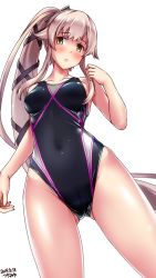 Rule 34 | 1girl, arm at side, black one-piece swimsuit, blush, breasts, cameltoe, competition swimsuit, covered navel, cowboy shot, dated, embarrassed, gluteal fold, green eyes, hair flaps, hair ornament, hand up, highres, kantai collection, long hair, looking at viewer, medium breasts, one-piece swimsuit, pink hair, ponytail, sidelocks, signature, solo, swimsuit, tareme, tsuchimiya, very long hair, yura (kancolle), yura kai ni (kancolle)