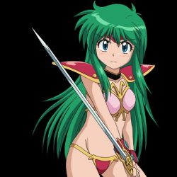 Rule 34 | 1980s (style), 1girl, armor, ayanokouji rem, bikini armor, blue eyes, bracelet, cowboy shot, dream hunter rem, forehead protector, green hair, holding, holding sword, holding weapon, jewelry, long hair, looking at viewer, non-web source, official art, oldschool, pauldrons, retro artstyle, serious, shoulder armor, solo, sword, transparent background, two-handed, weapon