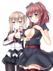 Rule 34 | 10s, 2girls, anchor, areola slip, arm support, between breasts, black gloves, black legwear, black shirt, black skirt, blonde hair, blouse, blue eyes, blush, breast pocket, breasts, brown hair, embarrassed, fingernails, gloves, graf zeppelin (kancolle), hair between eyes, hanazome dotera, highres, jacket, kantai collection, long hair, long sleeves, looking back, medium breasts, multiple girls, neckerchief, necktie, necktie between breasts, open clothes, open jacket, open mouth, open shirt, pantyhose, pleated skirt, pocket, ponytail, quad tails, red neckerchief, red necktie, remodel (kantai collection), saratoga (kancolle), shirt, short sleeves, side ponytail, simple background, skirt, smokestack, thighhighs, white background, white jacket