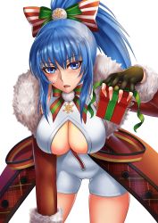 Rule 34 | 1girl, bent over, black gloves, blue eyes, blue hair, bow, box, breasts, christmas, cleavage, cleavage cutout, clothing cutout, fingerless gloves, fur trim, gift, gift box, gloves, hair bow, hand on own knee, highres, large breasts, leona heidern, long hair, looking at viewer, ponytail, sakuya (liao kj), santa costume, snowflake ornament, solo, the king of fighters, the king of fighters all-stars, unitard, white background