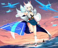 Rule 34 | 1girl, absurdres, aircraft, airplane, animal ears, azur lane, blue eyes, blue skirt, bob cut, boots, breasts, cleavage, closed mouth, fox ears, fox girl, fox tail, full body, highres, japanese clothes, kaga (azur lane), kaiten nekohige, kimono, looking at viewer, orange sky, outdoors, pointing, pointing at viewer, short hair, skirt, sky, smile, solo, standing, standing on one leg, star (sky), starry sky, sunset, tail, thigh boots, thighhighs, water, white footwear, white hair, white kimono