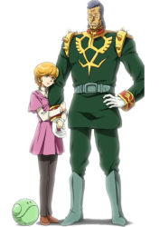 Rule 34 | 1boy, 1girl, age difference, audrey burne, blue hair, boots, dozle zabi, father and daughter, gloves, gundam, gundam unicorn, happy, haro, holding own arm, military, military uniform, mineva lao zabi, muscular, muscular male, red hair, scar, scar on face, size difference, uniform, white gloves