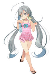 Rule 34 | 1girl, absurdres, ahoge, bottle, breasts, grey eyes, grey hair, hair between eyes, hair bun, highres, kantai collection, kiyoshimo (kancolle), legs, long hair, low twintails, one-piece swimsuit, pink one-piece swimsuit, ramune, sandals, simple background, single hair bun, small breasts, smile, solo, striped clothes, striped one-piece swimsuit, swimsuit, swimsuit skirt, toenails, toes, twintails, very long hair, white background, yashin (yasinz)