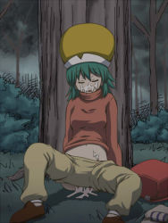 Rule 34 | 1girl, after rape, aftersex, awa, bag, breasts, clothes pull, cum, cum on body, cum on lower body, cum pool, cumdrip, closed eyes, facial, facing viewer, female focus, full body, green hair, hat, headwear request, hunter x hunter, long sleeves, medium breasts, nature, navel, on grass, open mouth, outdoors, pants, pants pull, ponzu, rape, shoes, short hair, sitting, sleeping, solo, spread legs, turtleneck, unconscious