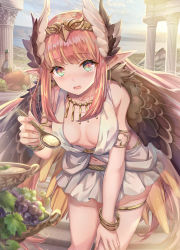 Rule 34 | 1girl, armlet, bangle, blurry, blurry foreground, blush, bracelet, breasts, brown hair, circe (fate), cleavage, column, fate/grand order, fate (series), feathered wings, food, fruit, grapes, head wings, headband, highres, jewelry, long hair, medium breasts, miniskirt, multicolored eyes, nail polish, navel, necklace, pillar, pointy ears, skirt, solo, spoon, tearing up, thigh strap, torino aqua, wings