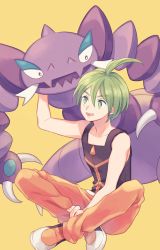 Rule 34 | 1boy, aaron (pokemon), ahoge, arm up, bare arms, collarbone, commentary request, creatures (company), drapion, elite four, game freak, gen 4 pokemon, green eyes, green hair, hair between eyes, highres, indian style, komasawa (fmn-ppp), male focus, nintendo, open mouth, orange pants, pants, pokemon, pokemon (creature), pokemon dppt, shirt, shoes, simple background, sitting, sleeveless, sleeveless shirt, smile, teeth, white footwear, yellow background