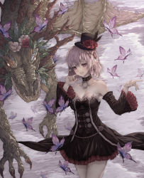 Rule 34 | 1girl, absurdres, antlers, armpit peek, bad id, bad pixiv id, bare shoulders, black bow, black collar, black dress, black feathers, black hat, bow, breasts, buckle, bug, butterfly, claws, cleavage, collar, collarbone, commentary request, corset, cowboy shot, detached sleeves, dragon, dress, earrings, feathers, fingernails, flower, frilled dress, frilled sleeves, frills, gem, glowing, glowing eyes, grin, hair between eyes, hand up, hat, hat feather, hat flower, head tilt, highres, horns, insect, jewelry, leaf, legs together, long sleeves, looking at viewer, lucid (maplestory), maplestory, medium breasts, mini hat, mini top hat, myless, off-shoulder dress, off shoulder, pale skin, pearl (gemstone), pink eyes, pink hair, pointy ears, red flower, red rose, rose, sharp teeth, short hair, sidelocks, smile, spiked collar, spikes, standing, strapless, strapless dress, teeth, top hat, white flower, wide sleeves