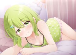 Rule 34 | 1girl, bare arms, bare shoulders, bed, bed sheet, blush, breasts, camisole, cleavage, closed eyes, collarbone, curtains, downblouse, flower, flower necklace, green camisole, green eyes, green hair, hair between eyes, hair ornament, hairclip, highres, jewelry, looking at viewer, lying, medium breasts, minto yupo, morinaka kazaki, necklace, nijisanji, on bed, on side, pajamas, pillow, short shorts, shorts, smile, solo, thighs, virtual youtuber