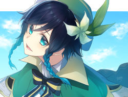 Rule 34 | 1boy, androgynous, beret, black hair, blue hair, bow, braid, brooch, cape, cloud, cloudy sky, collared cape, collared shirt, day, flower, gem, genshin impact, gradient hair, green eyes, green hat, hair flower, hair ornament, hat, hiiragi hekitsuki, jewelry, leaf, looking at viewer, male focus, multicolored hair, open mouth, outdoors, shirt, short hair with long locks, sky, smile, solo, twin braids, venti (genshin impact), white flower, white shirt