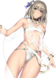 Rule 34 | 1girl, armpits, bandeau, bare shoulders, blush, bracelet, breast slip, breasts, cameltoe, choker, cleavage, cosplay, elysium (cosplay), elysium (soulcalibur), freckles, green eyes, grey hair, jewelry, kansuke, lots of jewelry, necklace, nipples, one breast out, pyrrha alexandra, see-through, shiny skin, simple background, solo, soul calibur, soulcalibur, soulcalibur v, strapless, tube top