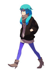 Rule 34 | 1girl, bad id, bad pixiv id, blue eyes, blue hair, boots, brown scarf, full body, hatsune miku, long hair, matching hair/eyes, pantyhose, purple pantyhose, scarf, simple background, solo, tomioka jirou, twintails, vocaloid, walking