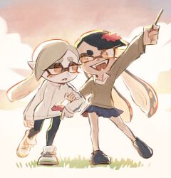 Rule 34 | 2girls, :d, arm grab, arm up, black hair, black pants, blue skirt, brown sweater, callie (splatoon), collared shirt, commentary request, cross-shaped pupils, fangs, full body, grey hair, highres, holding, holding stick, inkling, jacket, leaf, leaf on head, long hair, long sleeves, looking at another, marie (splatoon), mole, mole under eye, multiple girls, nintendo, official alternate costume, official alternate hairstyle, open mouth, orange eyes, outstretched arm, pants, pleated skirt, pointy ears, shirt, shoes, short eyebrows, skirt, smile, sneakers, splatoon (series), splatoon 3, standing, standing on one leg, stick, sweater, swept bangs, symbol-shaped pupils, tentacle hair, thick eyebrows, twintails, ukata, white footwear, white jacket, white shirt