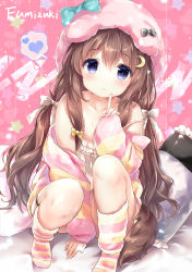 Rule 34 | 1girl, animal hat, arm up, azur lane, between legs, blue eyes, brown hair, camisole, cardigan, character name, chiyingzai, colored stripes, commentary request, convenient arm, convenient censoring, crescent, crescent hair ornament, dog tail, finger to mouth, fumizuki (azur lane), fumizuki (sleepy fairy) (azur lane), hair ornament, hand between legs, hat, heart, highres, kneehighs, long hair, loungewear, no pants, off shoulder, pillow, sitting, smile, socks, solo, spoken heart, strap slip, striped cardigan, striped clothes, striped socks, tail, white camisole