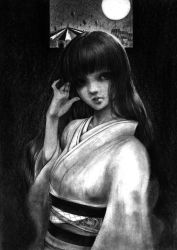 Rule 34 | 1girl, balloon, blunt bangs, circus, closed mouth, full moon, graphite (medium), greyscale, hand up, hane (azelye), horror (theme), japanese clothes, kimono, long hair, long sleeves, looking at viewer, monochrome, moon, original, realistic, shaded face, solo, traditional media, upper body, wide sleeves