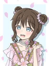 Rule 34 | 1girl, alternate hairstyle, aqua eyes, artist name, artist request, blue eyes, blush, bow, breasts, brown hair, cherry blossom fairy (love live!), collarbone, double bun, dress, female focus, floating hair, floral print, flower, flower print, green bow, hair between eyes, hair bun, hair flower, hair ornament, highres, japanese clothes, jewelry, kimono, long hair, long sleeves, looking at viewer, love live!, love live! nijigasaki high school idol club, love live! school idol festival, love live! school idol festival all stars, necklace, osaka shizuku, parted lips, pearl necklace, petals, pink bow, pink flower, pink petals, plaid, plaid dress, pleated, pleated dress, skirt, small breasts, smile, solo, upper body, wavy hair, white dress, white kimono, white skirt, wide sleeves