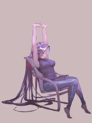 Rule 34 | 1girl, armpits, arms up, bad id, bad twitter id, book, casual, chair, closed eyes, denim, fate/stay night, fate (series), full body, glasses, highres, jeans, long hair, medusa (fate), medusa (rider) (fate), pants, purple hair, rolua, shirt, sitting, sleeveless, sleeveless shirt, solo, stretching, very long hair