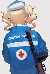 Rule 34 | abbystea, barbara (genshin impact), blonde hair, blue hat, blue jacket, commentary, cross, from behind, genshin impact, gun, gun on back, hat, highres, jacket, nurse cap, ppsh-41, red cross, russian text, submachine gun, symbol-only commentary, translated, twintails, weapon, weapon on back