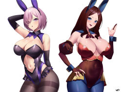 Rule 34 | 2girls, animal ears, ascot, bare shoulders, black leotard, blue eyes, blue pantyhose, blush, breasts, brooch, brown hair, brown leotard, brown pantyhose, cleavage, cleavage cutout, clothing cutout, covered navel, detached sleeves, elbow gloves, fake animal ears, fate/grand order, fate (series), forehead, gloves, hair over one eye, highleg, highleg leotard, highres, jewelry, kurozawa yui, large breasts, leonardo da vinci (fate), leotard, light purple hair, long hair, looking at viewer, mash kyrielight, multiple girls, nail polish, navel, navel cutout, open mouth, pantyhose, parted bangs, playboy bunny, puff and slash sleeves, puffy sleeves, purple eyes, purple gloves, rabbit ears, short hair, smile, thighband pantyhose, thighs, wrist cuffs